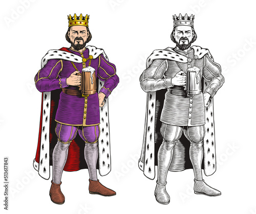 King holding a mug of beer isolated on a white background. Color and black and white monochrome versions. Good for label, sign, poster or menu design. Vector illustration.