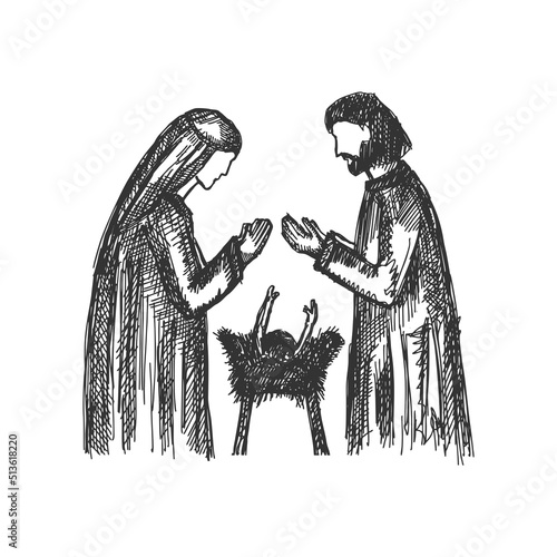 A drawing of a nativity scene. Joseph and Mary with little Jesus in a stable, a cave.