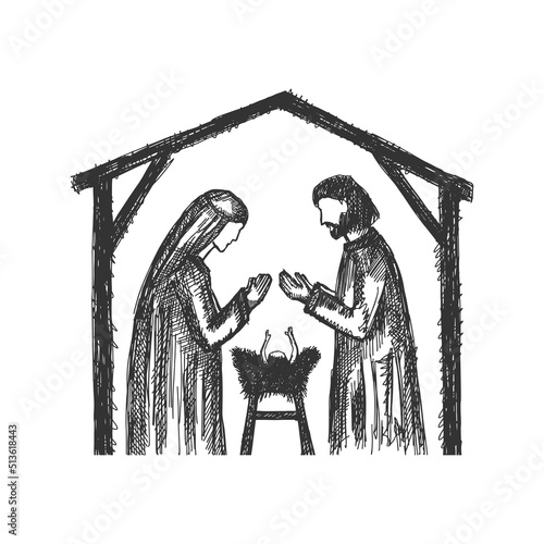 A drawing of a nativity scene. Joseph and Mary with little Jesus in a stable, a cave.