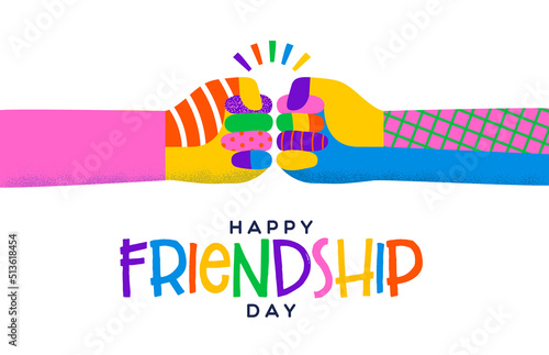 Happy frindship day greeting card illustration of colorful diverse friend hands