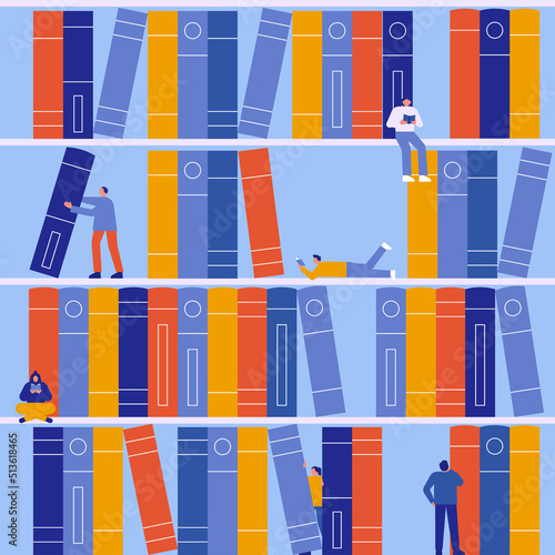 Book shelf and people seamless pattern vector background.