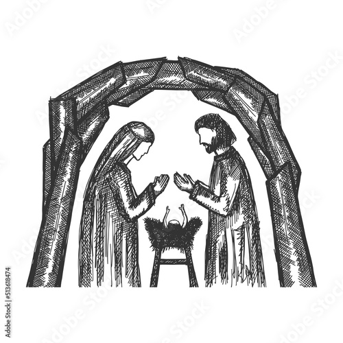 A drawing of a nativity scene. Joseph and Mary with little Jesus in a stable, a cave.