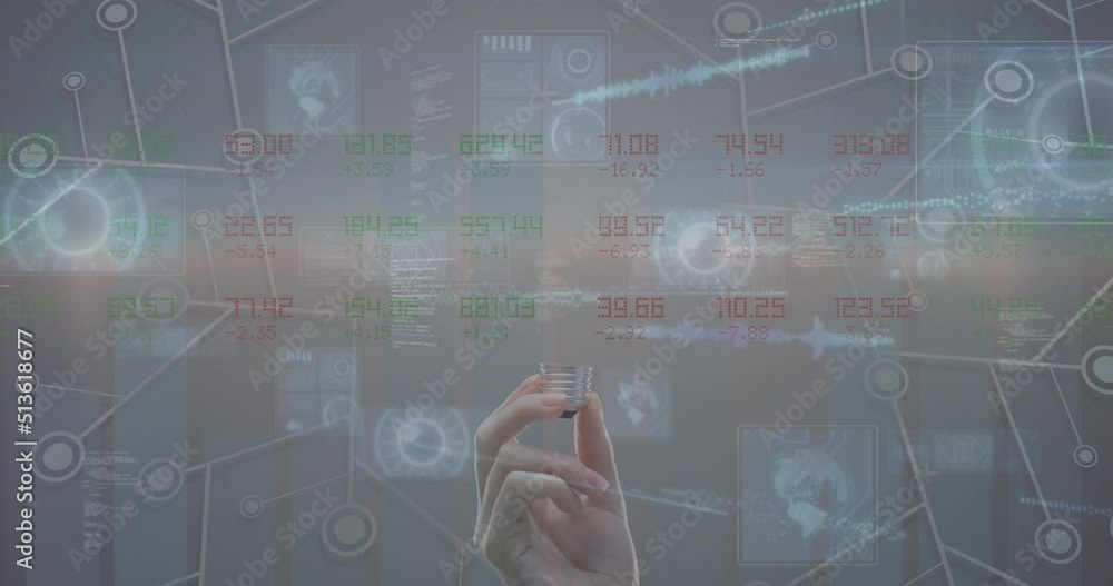 Animation of data processing over hand of caucasian woman holding bulb Animation of data processing over hand of caucasian woman holding bulb