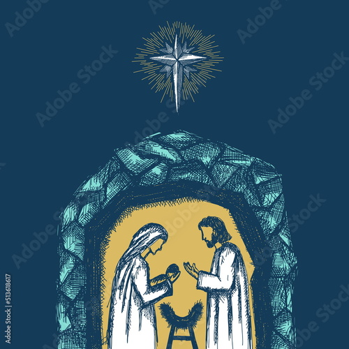 A drawing of a nativity scene. Joseph and Mary with little Jesus in a stable, a cave.