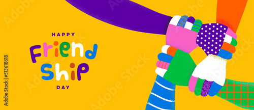 Happy frindship day greeting card illustration of colorful diverse hands