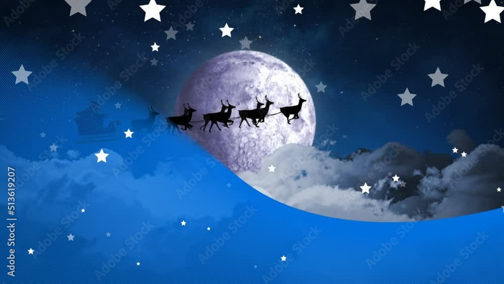 Animation of stars falling over santa in sleigh at christmas Animation of stars falling over santa in sleigh at christmas