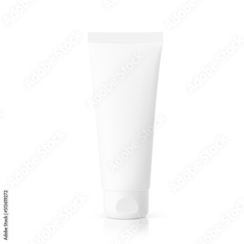 Hyper realistic tube mockup with flip top cap. Front view. Vector illustration isolated on white background. Can be use for your design, advertising, promo and etc. 