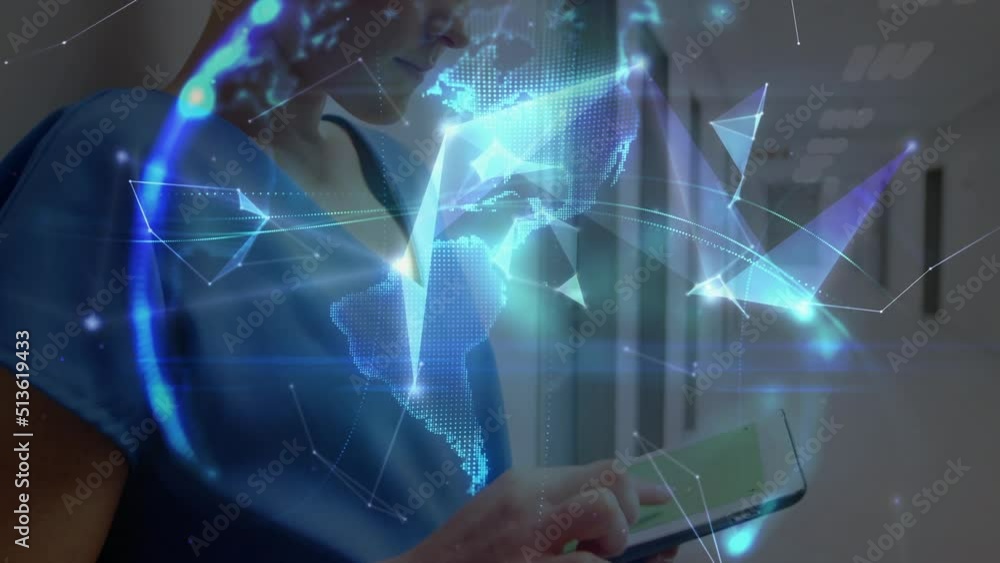 Animation of network of connections and globe over caucasian female doctor using tablet Animation of network of connections and globe over caucasian female doctor using tablet