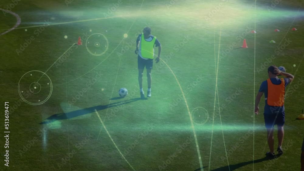 Animation of data processing over diverse male soccer players playing