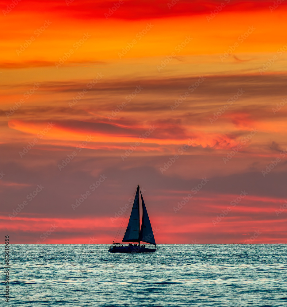 Sailboat Night Sailing Ocean Sunset Silhouette Vertical