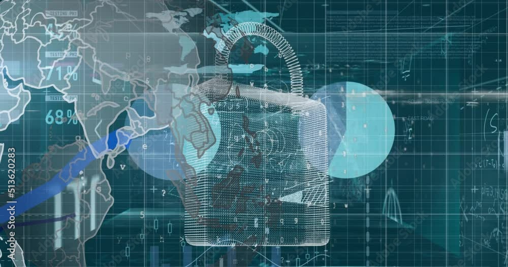 Animation of world map, digital padlock and financial data over green background Animation of world map, digital padlock and financial data over green background