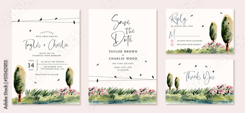 wedding invitation set with beautiful watercolor landscape