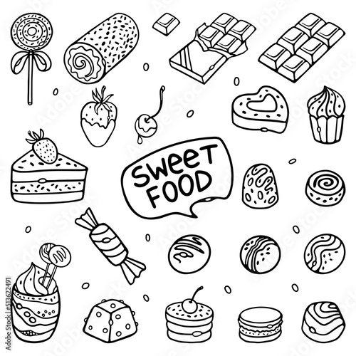 Sweet Food Doodle outline Vector Set. Collection of chocolate candy sweet food illustration in engraving style