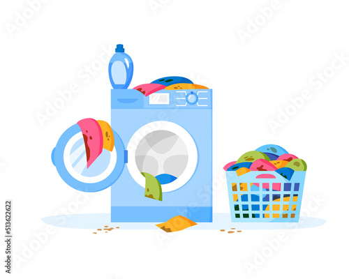 Pile of dirty clothes in laundry basket. Washing machine and liquid detergent bottle. Heap of dirty cloth. Stack of dirty apparel on laundry day. Flat illustration.
