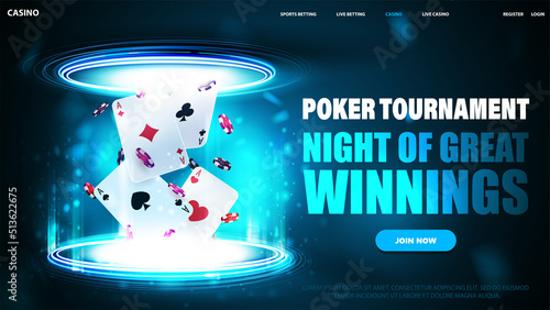 Poker tournament, dark and blue horizontal banner with button and playing cards with poker chips inside blue portal made of digital rings in dark empty scene