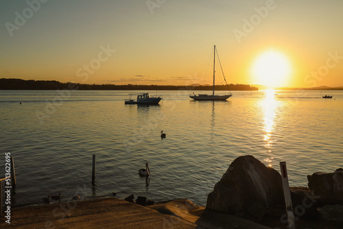 Tranquil afternoon setting with silhouette of pelicans and yachts on the river at sunset. Clarence River, Iluka NSW Australia photo