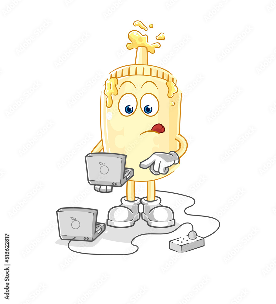 mayonnaise with laptop mascot. cartoon vector