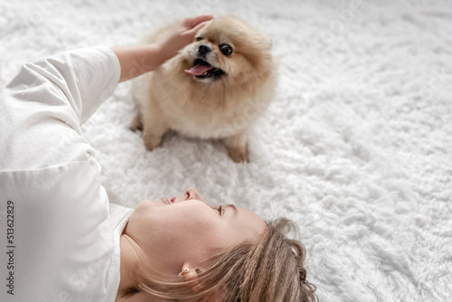 Little girl playing with pomeranian spitz puppy. Cute fluffy small dog. Loving owner with his domestic pet.