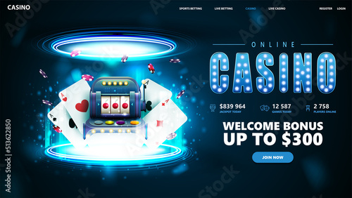 Blue banner for website with button, casino playing cards, slot machine and poker chips inside blue portal made of digital rings in dark empty scene