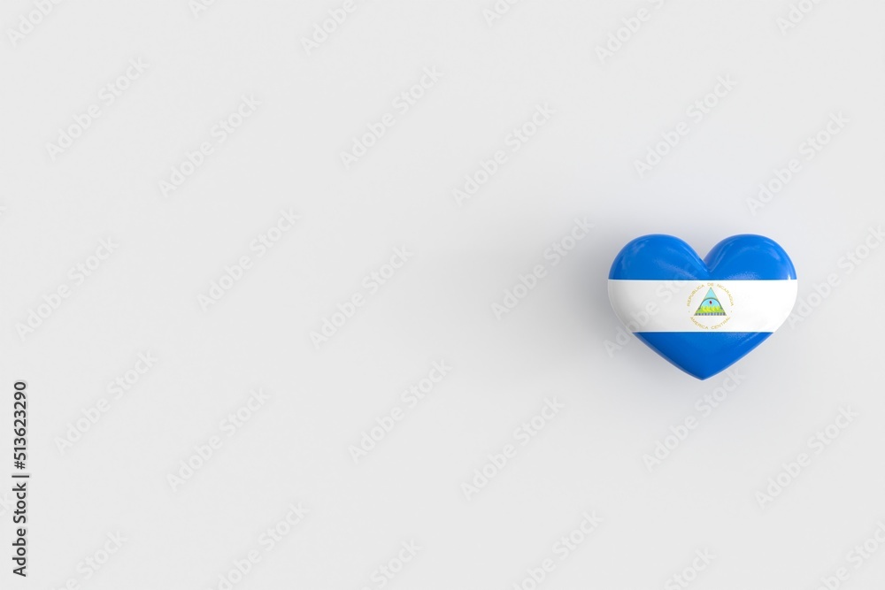 Love for Nicaragua - heart shaped glossy icon with the national flag of Nicaragua. Souvenir of Nicaragua as a symbol of pride in their country. 3D rendering, copy space Love for Nicaragua - heart shaped glossy icon with the national flag of Nicaragua. Souvenir of Nicaragua as a symbol of pride in their country. 3D rendering, copy space