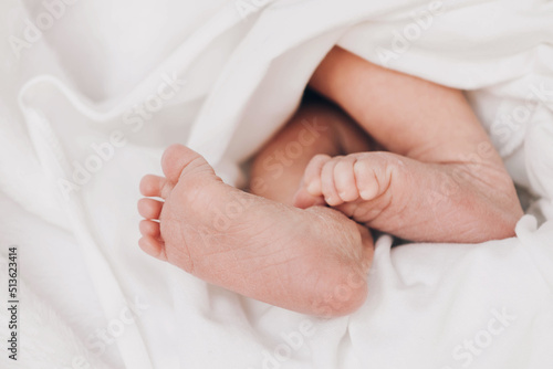 The legs of a newborn baby are wrapped in soft white blanket. Selective soft focus, close-up