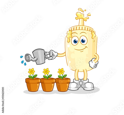 mayonnaise watering the flowers mascot. cartoon vector