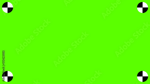 Green chroma screen background with tracking markers - VFX Motion - video footage replacement tracking markers element - green screen backdrop template with studio camera trackers on green background
