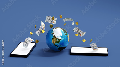 Mobile banking concept, coin and dollar banknote moving from smartphone to other cellphone, online money transfer, 3D rendering. Element by NASA.