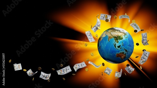 Fototapeta Naklejka Na Ścianę i Meble -  Gold coin and banknote around the globe or earth, world business concept, element by NASA, 3D rendering.