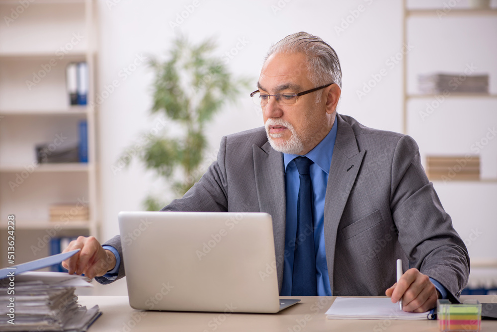 Old male employee working at workplace Old male employee working at workplace