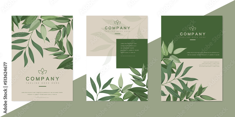 Beige posters set with green leaves. Design template for company organic bio logo, natural and eco products, cosmetic, pharmacy, medicine. Vector EPS10
