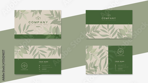 Beige business card with green leaves. Design template for company organic bio logo, natural and eco products, cosmetic, pharmacy, medicine. Vector leaves EPS10