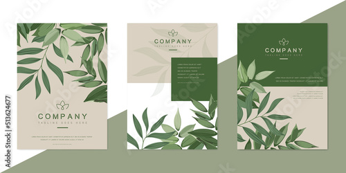 Beige posters set with green leaves. Design template for company organic bio logo, natural and eco products, cosmetic, pharmacy, medicine. Vector EPS10