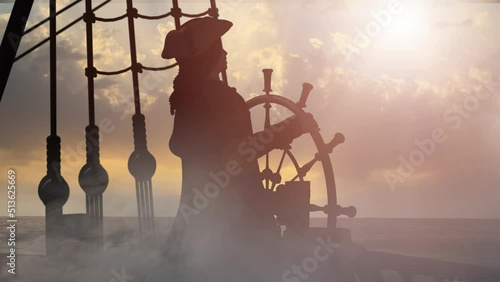 the pirate captain holds the ship's steering wheel and sails across the sea on a sailing pirate ship render 3d photo
