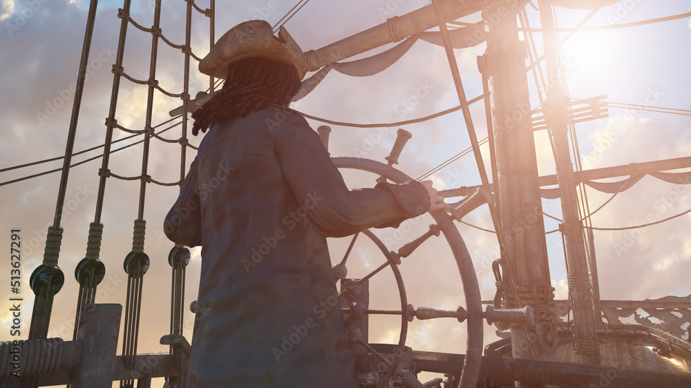 Fototapeta premium the pirate captain holds the ship's steering wheel and sails across the sea on a sailing pirate ship render 3d