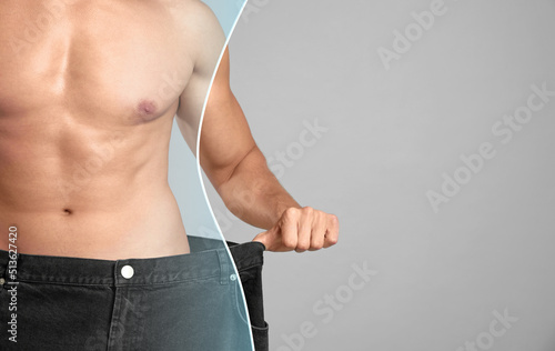 Closeup view of man with slim body in oversized jeans on grey background, space for text. Weight loss photo