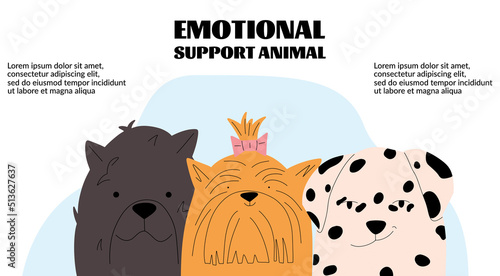 Landing page of emotional support for animals. Banner design template. Three funny dogs portrait. Vector illustration in a flat style.