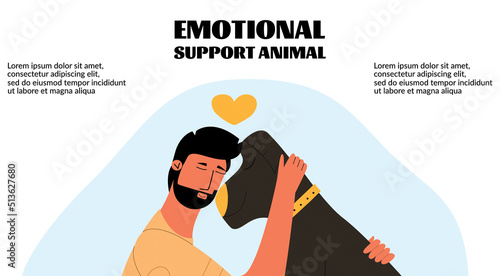 The concept of emotional support  animal. The man hugs the animals. Positive Mental Therapy. Template, banner. Vector illustration photo