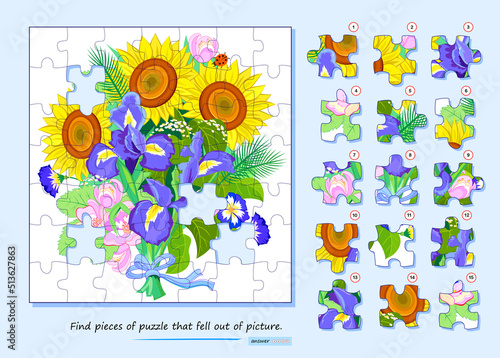Logic game for children and adults. Find pieces of puzzle that fell out of picture. Page for kids brain teaser book. Task for attentiveness. Developing spatial thinking. Play online. Vector image.