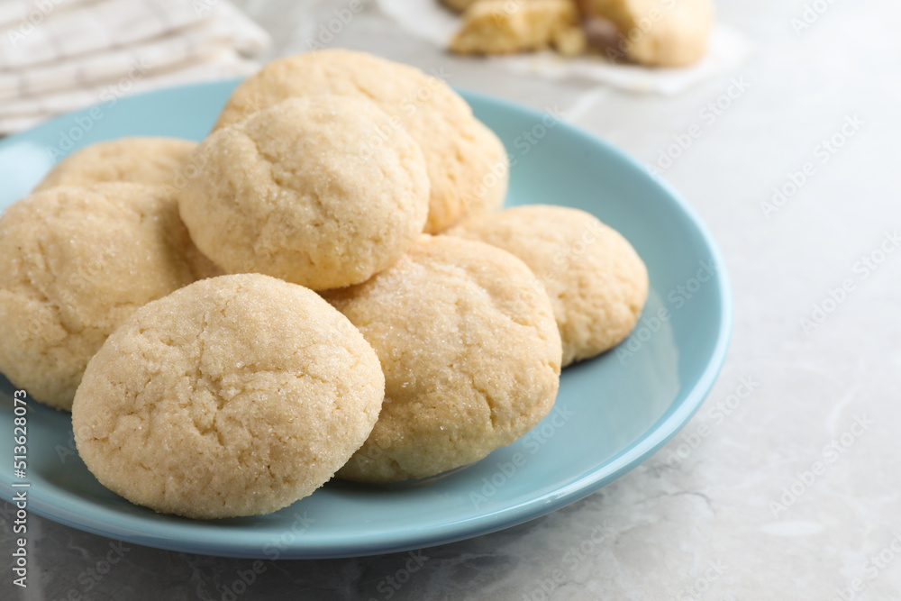 Delicious sugar cookies on light grey marble table, closeup Delicious sugar cookies on light grey marble table, closeup