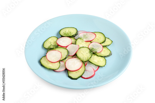 Tasty salad with cucumber and radish isolated on white