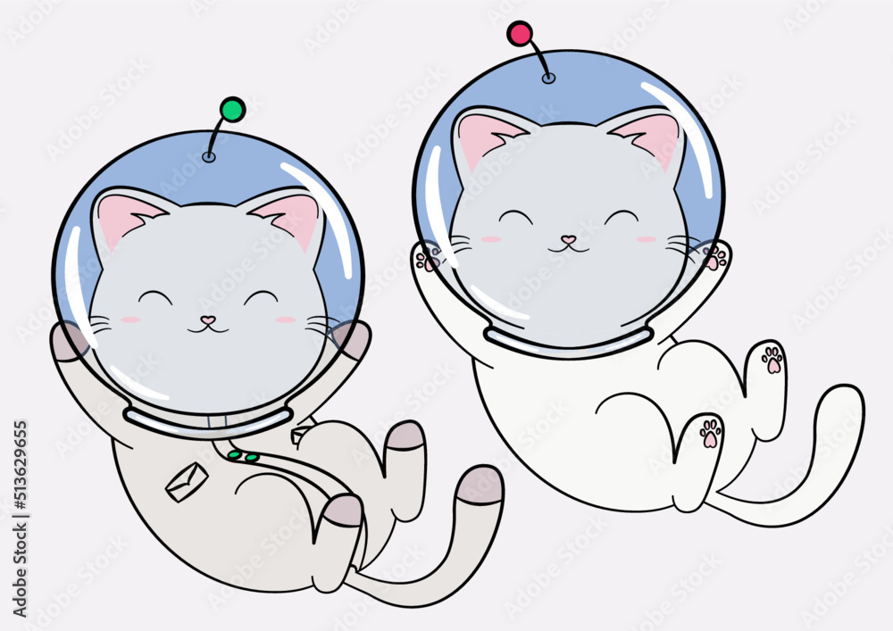Kosmiczny kotek w kasku i skafandrze unoszący się w przestrzeni kosmicznej. Dwie wersje zabawnego i uroczego kota astronauty, szukających przygód w kosmosie. Ilustracja wektorowa. - obrazy, fototapety, plakaty 
