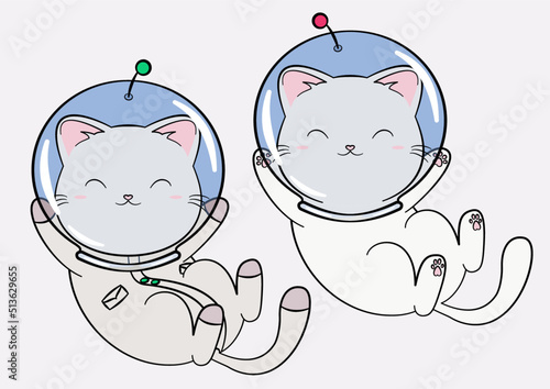Plakat Kosmiczny kotek w kasku i skafandrze unoszący się w przestrzeni kosmicznej. Dwie wersje zabawnego i uroczego kota astronauty, szukających przygód w kosmosie. Ilustracja wektorowa.
