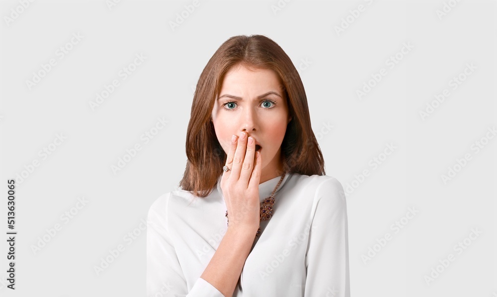 Image of shocked anxious woman in panic, worrying, standing frustrated and scared Image of shocked anxious woman in panic, worrying, standing frustrated and scared