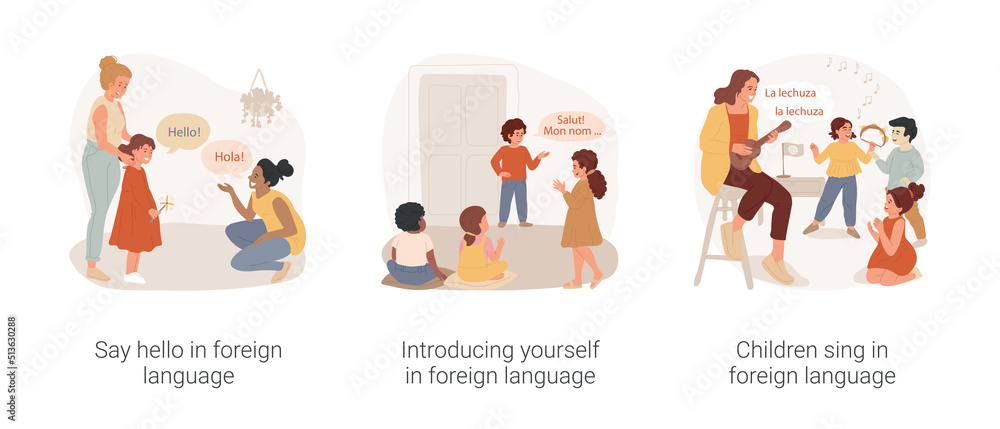 Bilingual immersion program in daycare isolated cartoon vector illustration set. Say hello in foreign language, introducing yourself, children sing and listen music, kindergarten vector cartoon.