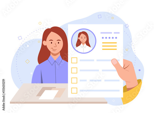 Job seeker concept. Girl came to office, candidate for vacancy showed resume. Young specialist at interview. HR department and search for employees, staff expansion. Cartoon flat vector illustration