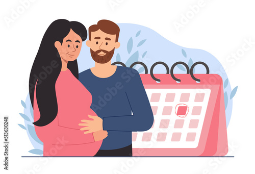Concept of maternity. Man and pregnant woman hugging next to calendar. Future parents expecting baby. Happy family or young couple. Healthcare and doctor visits. Cartoon flat vector illustration