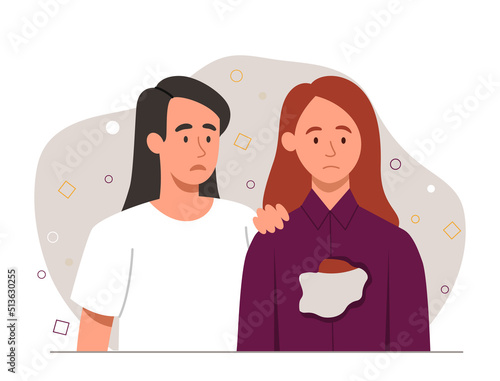 Mental aid concept. Girl with hole in heart, frustration and depression. Support, help and care of friend. Psychological problems and mental health, loneliness. Cartoon flat vector illustration
