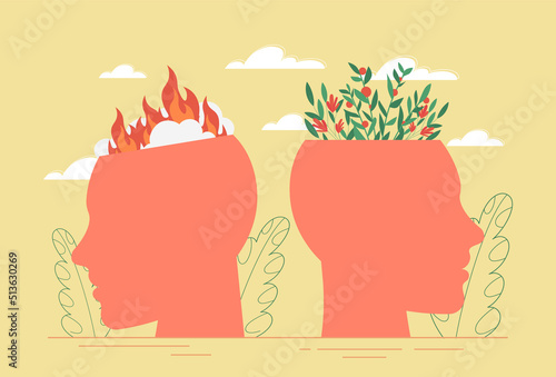 Mental states concept. Two abstract head silhouettes, one lit and other in flowers. Positivity and optimism versus negativity and pessimism. Two types of thinking. Cartoon flat vector illustration