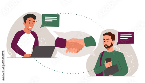 Online deal concept. Characters negotiating on internet, online video call. Partnership, businessman and investor, collaboration of companies. Social network. Cartoon flat vector illustration